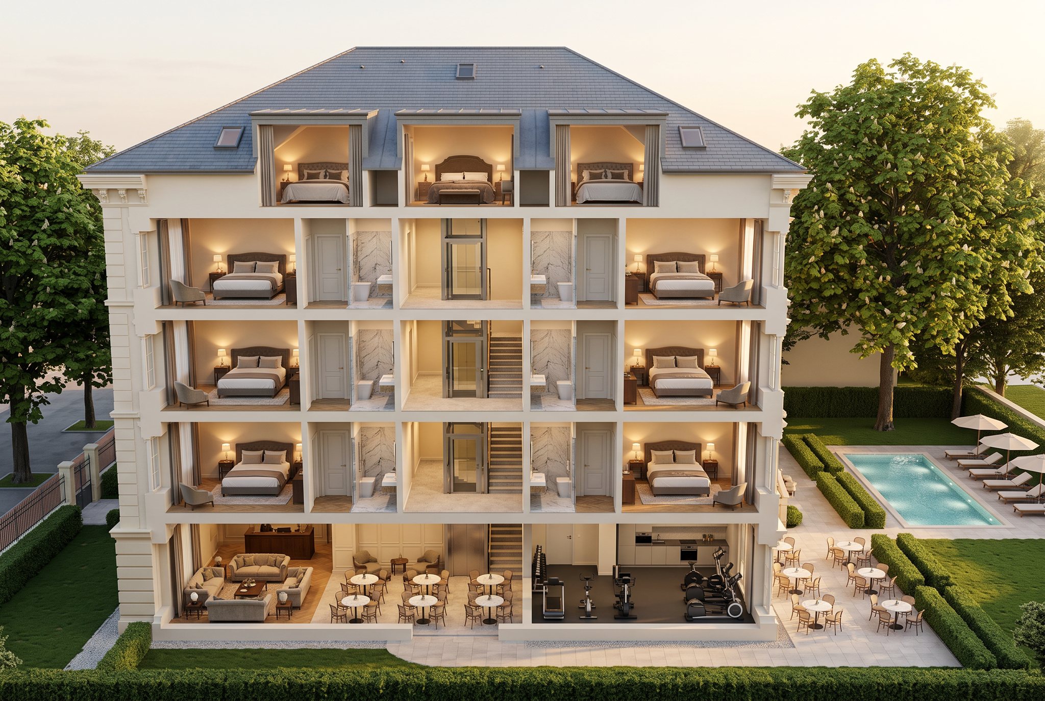 3D cutaway of ZOYA Park Avenue showing every floor, the garden level and the pool
